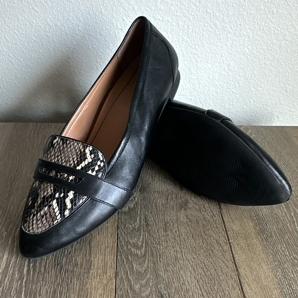 Vionic Savannah Boa Leather Loafers Black Snake Print Women's Size 11 Wide
